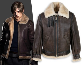 Resident Evil 4 Leather Jacket Leon Kennedy Bomber Jacket Men's Aviator Fur Jacket