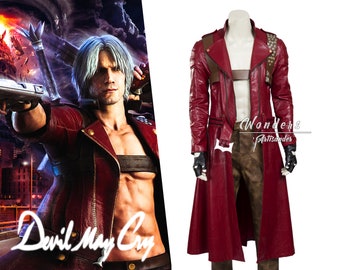 Devil May Cry 3 Dante Cosplay Costume Red Leather Coat with Gun Holster Gaming Outfits - Screen Authentic Costume