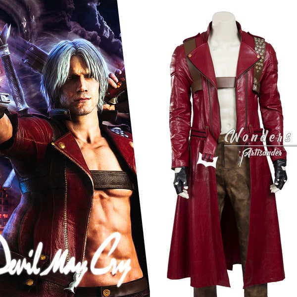 Devil May Cry 3 Costume de cosplay Dante, manteau en cuir rouge avec étui pour pistolet, tenues de jeu - Déguisement authentique