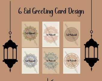 6 Printable Traditional Oriental Design Eid Mubarak Cards, Eid Greeting Cards for Muslims, Eid Al-Fitr, Eid Al-Adha Instant Download