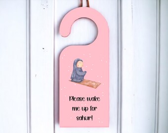 Ramadan Pink Door Hanger for Muslim Kids, First Sahoor Decoration for Little Muslims, Muslim Girl Theme Islamic Decoration, 300 dpi