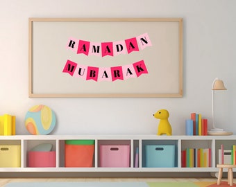 Printable Pink Ramadan Banner DIY Activity With Kids for Ramadan Decoration, Cute Nursery Room Decor for Muslim Kids, Ramadan Mubarak