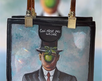 Sac peint à la main, « René Magritte », sac artistique, accessoires d'art, cadeau pour amateur d'art, sac de collectionneur, cadeau unique, unique en son genre, sac tendance