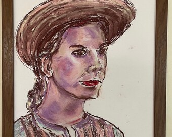 Woman with straw hat - pastels on paper, format A3