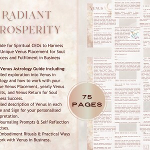 Könnte beinhalten: Ein rosa-goldener Leitfaden mit dem Titel "Radiant Prosperity: A Guide for Spiritual CEOs to Harness Their Unique Venus Placement for Soul Success and Fulfilment in Business". Der Leitfaden umfasst 75 Seiten mit Informationen zur Venus-Astrologie.