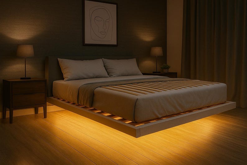 May include: A modern bedroom scene featuring a low-profile bed with a wooden slat base and neutral-toned bedding. Two bedside tables with lamps flank the bed. The room is dimly lit with warm, ambient lighting, creating a cozy atmosphere.