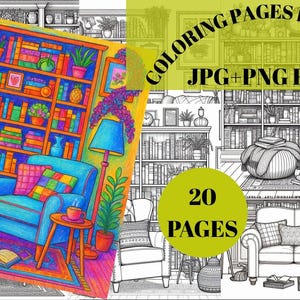 20 Gemütliches Wohnzimmer Malseiten für Erwachsene, Entspannendes Graustufen Malbuch, digitaler Download, druckbare PDF, PNG, JPG
