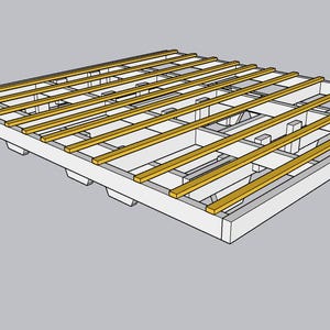 May include: An architectural illustration of a wooden pallet. The pallet has a rectangular frame with evenly spaced wooden slats across the top. The frame and supports are white, while the slats are a light yellow color.