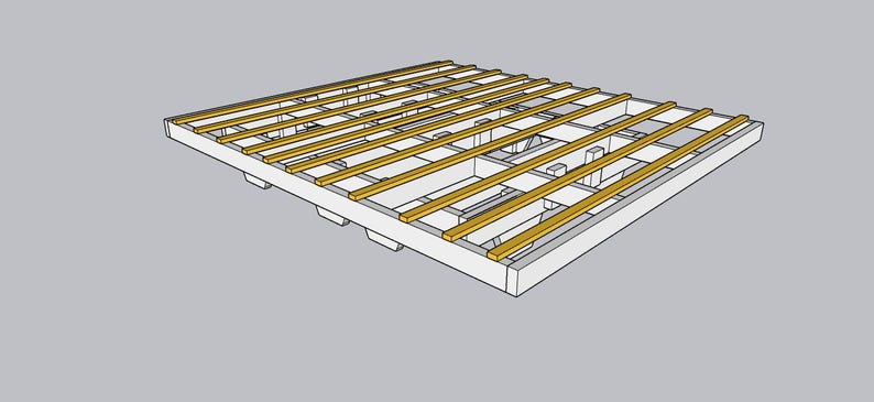 May include: An architectural illustration of a wooden pallet. The pallet has a rectangular frame with evenly spaced wooden slats across the top. The frame and supports are white, while the slats are a light yellow color.