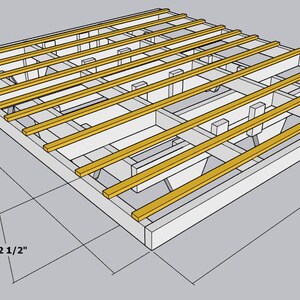 May include: Isometric view of a wooden platform frame, with dimensions labeled as 7' 4" long, 6' 8" wide, and 1' 2 1/2" deep. The frame is constructed with white and yellow-toned lumber, showcasing a grid-like structure.