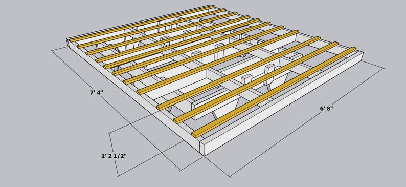 May include: Isometric view of a wooden platform frame, with dimensions labeled as 7' 4" long, 6' 8" wide, and 1' 2 1/2" deep. The frame is constructed with white and yellow-toned lumber, showcasing a grid-like structure.