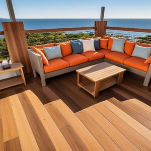 May include: An outdoor seating area with a corner sofa featuring orange cushions and light blue accent pillows. Wooden coffee and side tables are present. The deck offers a view of the sea and blue sky.