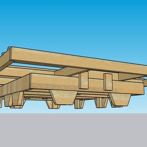 May include: A light brown wooden pallet with a rectangular shape. The pallet has a series of supporting beams and a slatted top. The background is a gradient of blue and gray.
