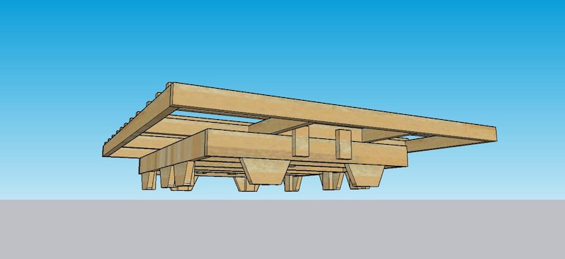 May include: A light brown wooden pallet with a rectangular shape. The pallet has a series of supporting beams and a slatted top. The background is a gradient of blue and gray.