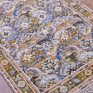 Hand Knotted Beige and Blue Persian Heriz Serapi Rug Turkish Inspired Wool Traditional Design