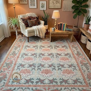 Gedempt saliegroen wollen vloerkleed handgeknoopt koraalrood oushakpatroon voor woonkamer