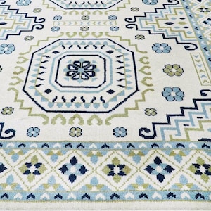 Ivory Blue Green Hand Knotted Wool Oushak Rug Modern Geometric Custom Area Rug