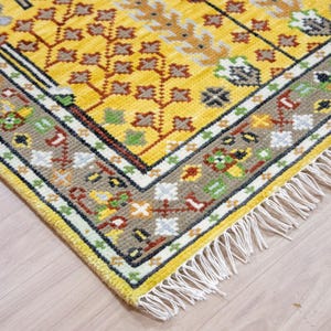 Muted Yellow Tree of Life Hand Knotted Wool Oushak Rug Small Turkish Floral Area Rug