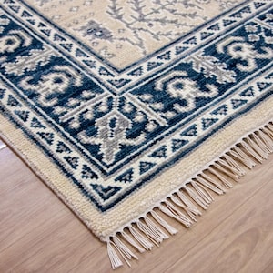 Cream Blue Hand Knotted Wool Oushak Rug Vintage Style Turkish Area Rug