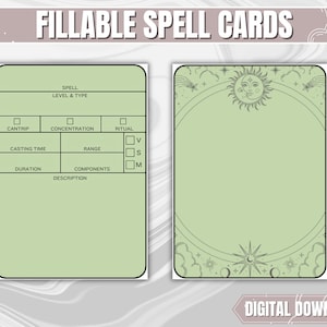 Green DND Spell Cards ENGLISH VERSION | Dungeons and Dragons 5th Edition Blank Pdf Fillable Spell Cards | Dnd Gifts for DMs and Players |