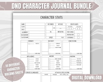 Puede incluir: Una hoja de personaje imprimible en blanco y negro para juegos de rol de Dungeons and Dragons. La hoja incluye secciones para estadísticas de personaje, habilidades, destrezas y ataques. El texto "14 Different Character Building Sheets" está en la parte inferior izquierda de la hoja.