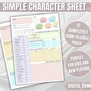 Simplified DND Character Sheet | Easy Kid-Friendly Dungeons and Dragons 5e Character Sheet Bundle | PDF Form Fillable | A4, A5 & US Letter |