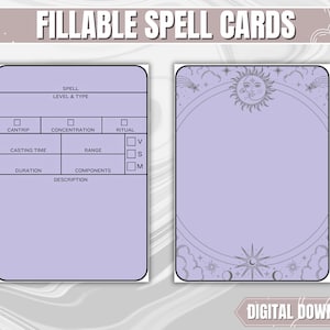 Purple DND Spell Cards ENGLISH VERSION | Dungeons and Dragons 5th Edition Blank Pdf Fillable Spell Cards | Dnd Gifts for DMs and Players |