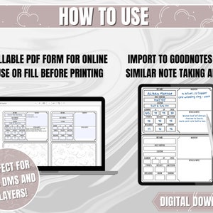 Puede incluir: Una descarga digital de una hoja de personaje de Dungeons and Dragons imprimible. La hoja est&aacute; dise&ntilde;ada para usar con Goodnotes o aplicaciones de toma de notas similares. La hoja es en blanco y negro con un patr&oacute;n floral en el fondo. La hoja incluye secciones para el nombre del personaje, la raza, la clase, el nivel, la alineaci&oacute;n, los puntos de experiencia, la fuerza, la destreza, la constituci&oacute;n, la inteligencia, la sabidur&iacute;a, el carisma, las tiradas de salvaci&oacute;n, las habilidades y m&aacute;s.