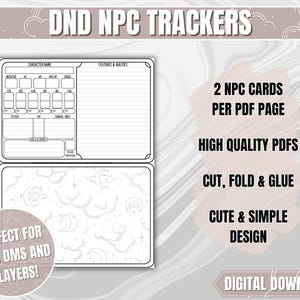 Puede incluir: Cartas de seguimiento de personajes de Dungeons and Dragons (D&D) imprimibles. Las cartas son en blanco y negro y presentan un lindo dise&ntilde;o de nubes y estrellas. El texto en las cartas dice "DND NPC TRACKERS", "2 NPC CARDS PER PDF PAGE", "HIGH QUALITY PDFS", "CUT, FOLD & GLUE", "CUTE & SIMPLE DESIGN", "PERFECT FOR BOTH DMS AND PLAYERS!" y "DIGITAL DOWNLOAD".