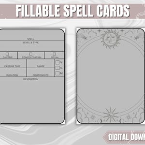 Cartas de hechizos DND grises VERSIÓN EN INGLÉS / Cartas de hechizos rellenables en PDF en blanco de Dungeons and Dragons 5.ª edición / Regalos DND para DM y jugadores /