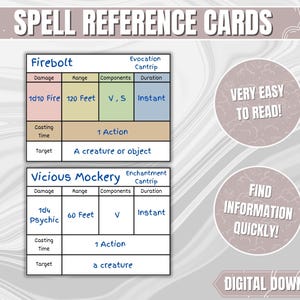 DND Spell Reference Cards ENGLISH VERSION | Dungeons & Dragons 5th Edition Blank Pdf Fillable Spell Cards | Dnd Gifts for DMs and Players |
