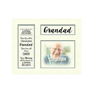 May include: A white memorial card with a blue and white patterned border. The card features a photo of a man with a white beard and glasses. The text "In Loving Memory" and "Grandad" is printed on the card. The text "Your life will be treasured Grandad. Your love will bring comfort. Your memory will live forever in loving hearts." is printed on the card.