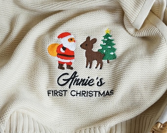 Custom Name Baby Blanket, Knitted First Christmas Cotton Blanket, Santa Claus Gift