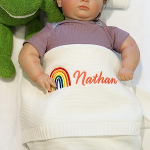 Embroidery Rainbow Baby Blanket, Custom Name Cotton Blanket, Newborn Gift for Boy Girl, Swaddle Blanket