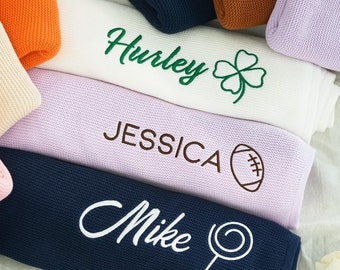 Personalized Name Baby Blanket, Embroidered Knit Cotton Toddler Blanket, Newborn Gift