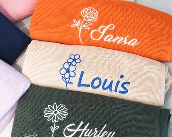 Embroidered Birth Flower Knit Baby Blanket, Personalized Cotton