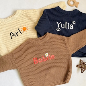 Custom Baby Name Sweater, Embroidered Name With Cute Icon,  Knit Sweater Toddler, Newborn Gift, Baby Shower Gift