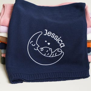 Baby Blanket with Custom Name, Personalized Baby Gift, Cute Moon Baby Blanket, Cotton Knit Baby Blanket, Gift for Newborn, Baby Shower Gift