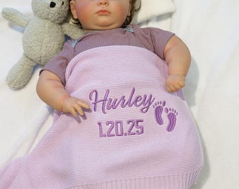 Custom Name Date Baby Blanket, Embroidery Cotton Blanket With Birthdate, Newborn Gift