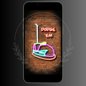 May include: A neon sign with a cartoon car and the words "Dodge 'Em" on a brick wall background.