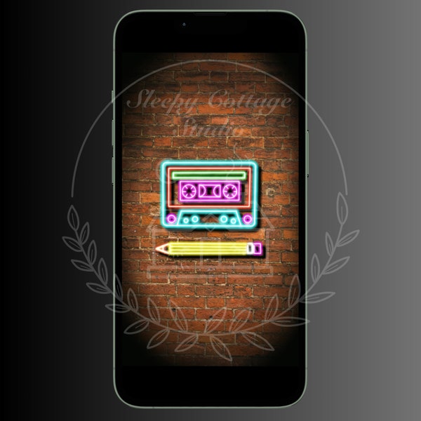 Neon sign Gen X cassette tape and pencil phone wallpaper digital download