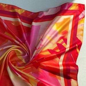 Silk Satin Square Scarf: Abstract Orange Pink Yellow Headscarf