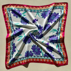 Purple Floral Silk Satin Scarf: Elegant Square Headscarf