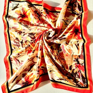 Silk Satin Scarf: Vibrant Abstract Floral Print, Red Orange Yellow