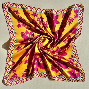 Yellow Silk Satin Scarf: Pink Floral Print, Women&#39;s Luxury Accessory