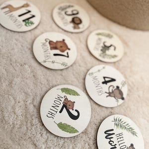 Safari Animaux Cartes d’étape en bois Cercles en bois pour bébé Cadeau de douche de bébé nouveau-né Disques en bois mensuels Cartes d’étape Hello World