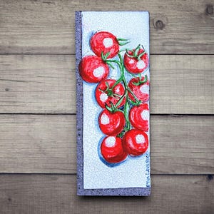 May include: A painting of a cluster of red tomatoes on a white background with a cracked texture. The tomatoes are painted in a realistic style with green stems and leaves.