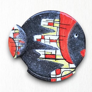 Ceramic puffer fish, geometric decoration  on Etna lava rock, contemporary  sculpture, Loving ocean style housewarming gift