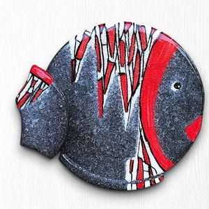 Ceramic Red wall fish, modern stylised lava stone sculpture from Etna, geometric decoration, nautical style gift. 5.906x6.300 inc