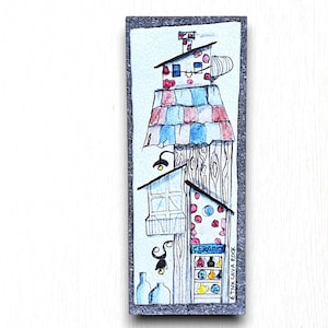May include: A watercolor painting of a whimsical building with a red, white, and blue striped roof. The building has a sign that says "CERAMIC" and "ETNA LAVA ROCK".